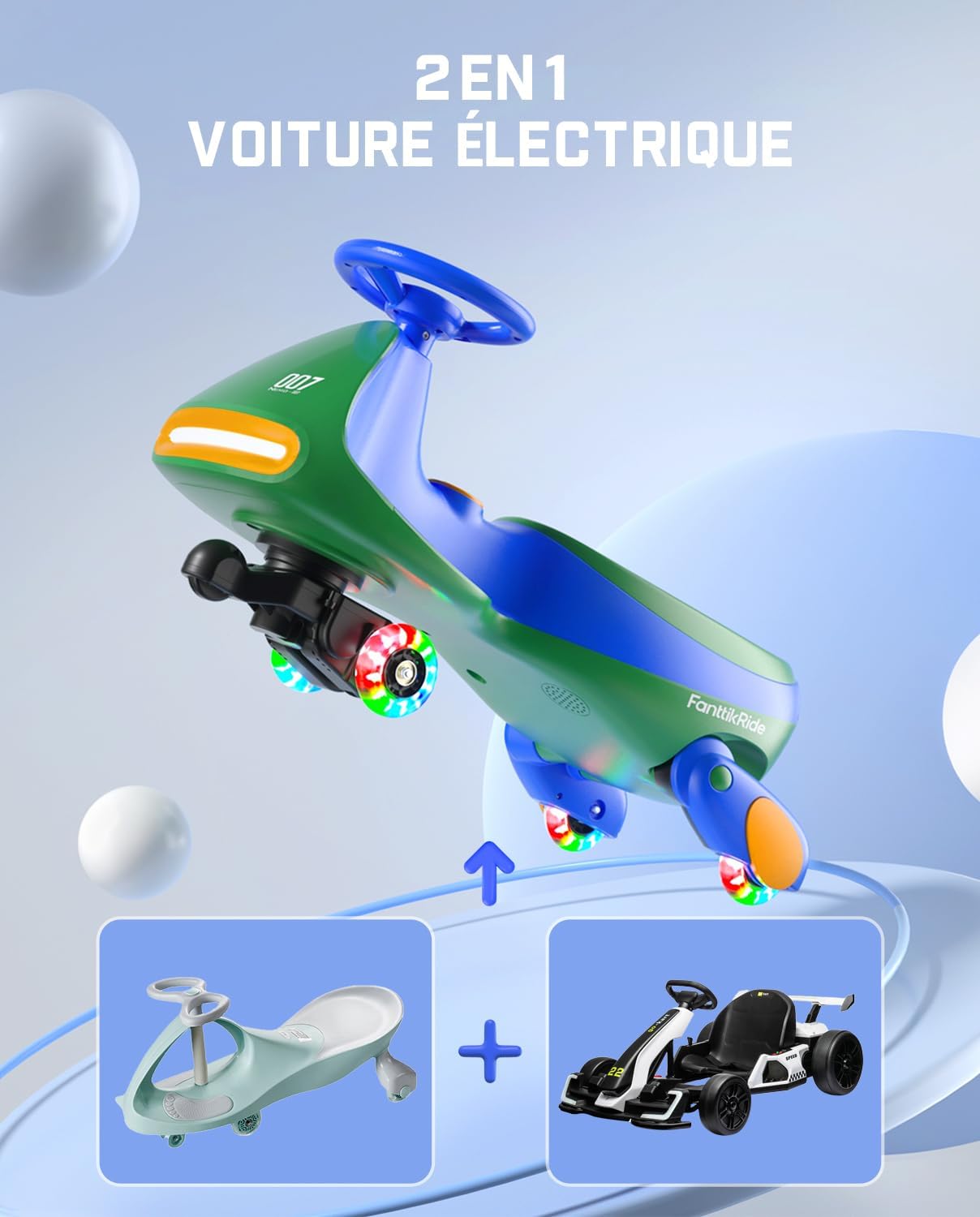FanttikRide 12V N7 Pro Voiture Électrique Enfants, Anti-Bascule, Ergonomique, 2 en 1, 2 Vitesses, Roues Clignotantes, Bluetooth, Chargement Type C, pour Enfants à Partir de 3 Ans,Bleu-Vert.