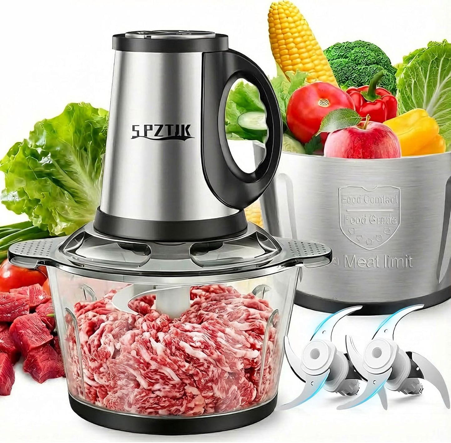 Robot Hachoir Électrique Multifonction SPZTJK – 300W, 2 Bols (Inox & Verre), 3 Vitesses – Idéal pour Viande, Légumes et Purées Bébé