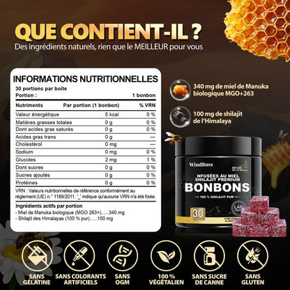 Windboss Gommes de Shilajit Bio – Saveur naturelle de grenade – Sucrées au miel de Manuka – Sans sucre de canne – Formule naturelle et pure – 30 unités